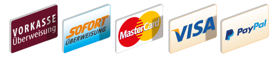Vorkasse | Sofortüberweisung | MasterCard | VISA| PayPal