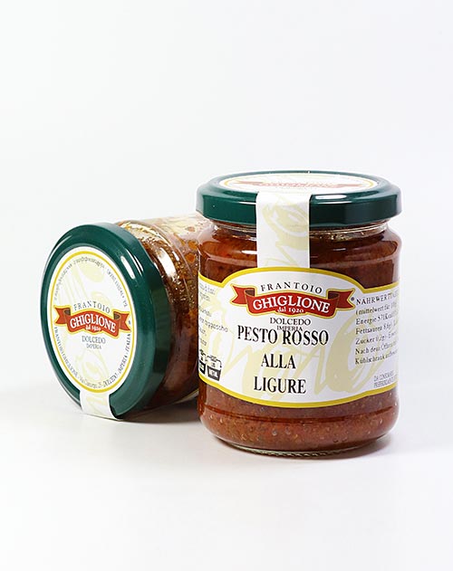 Rotes Pesto mit Taggiasca Oliven (ohne Käse) - Pesto rosso alla Ligure aus Dolcedo in Ligurien