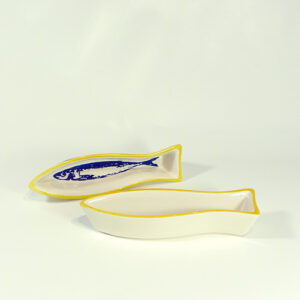 Keramik-Schale Fischform 16 x 4 cm Sardinen-Motiv, Rand gelb, ofenfest (Portugal)